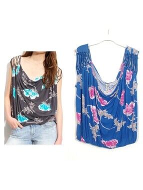 Free People Blue Boho Tropical Floral Oversize Drapey Cowl Neck Top S Festival